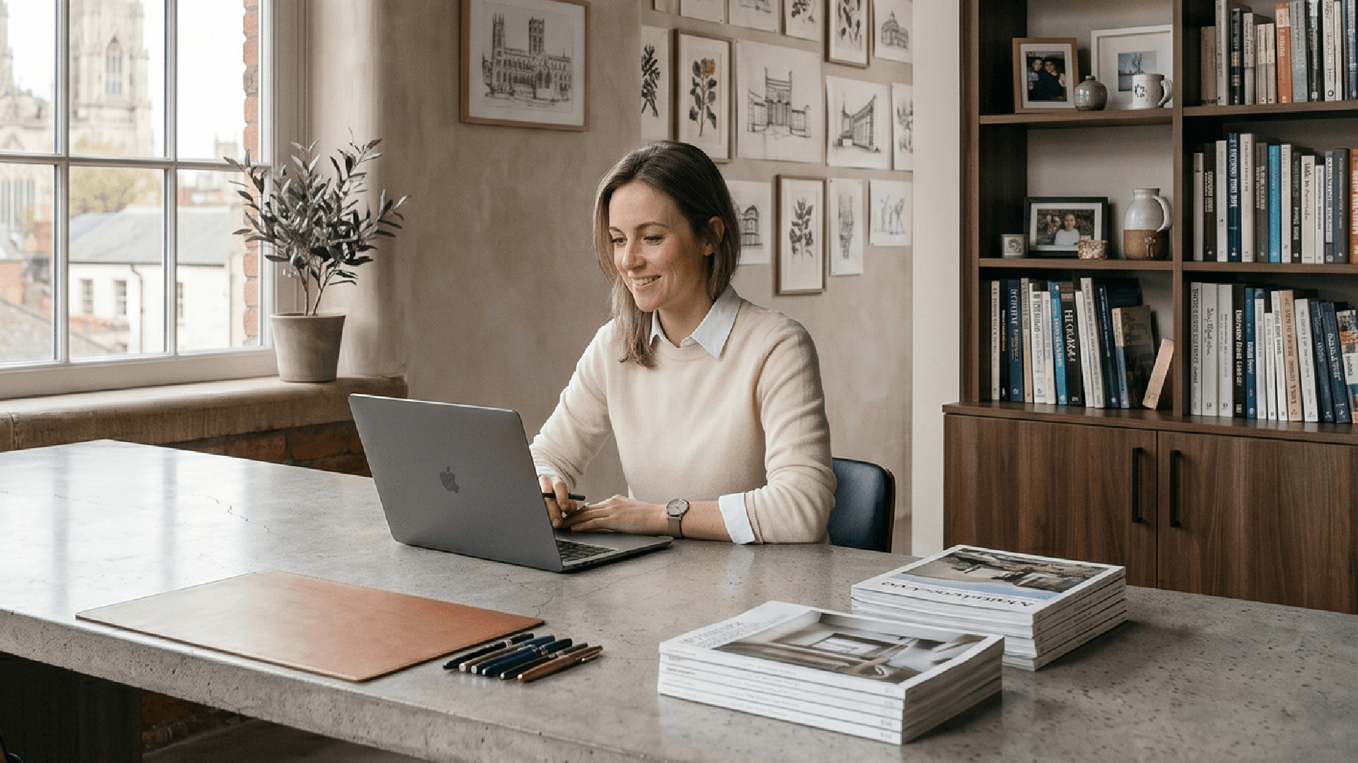 A consultant working at a laptop in a calm, book-lined office overlooking a UK skyline