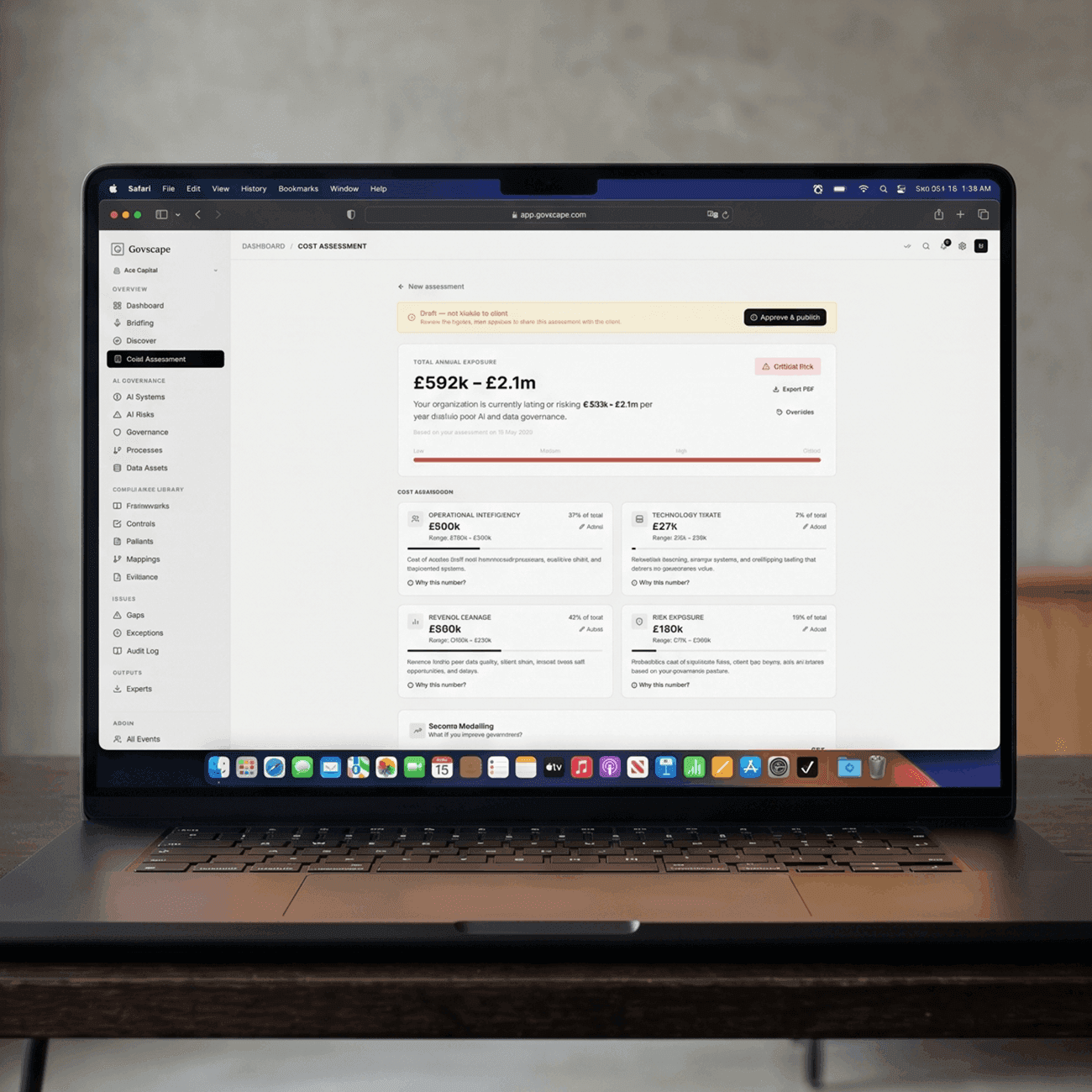 Govscape Risk Ledger showing quantified exposure on a laptop