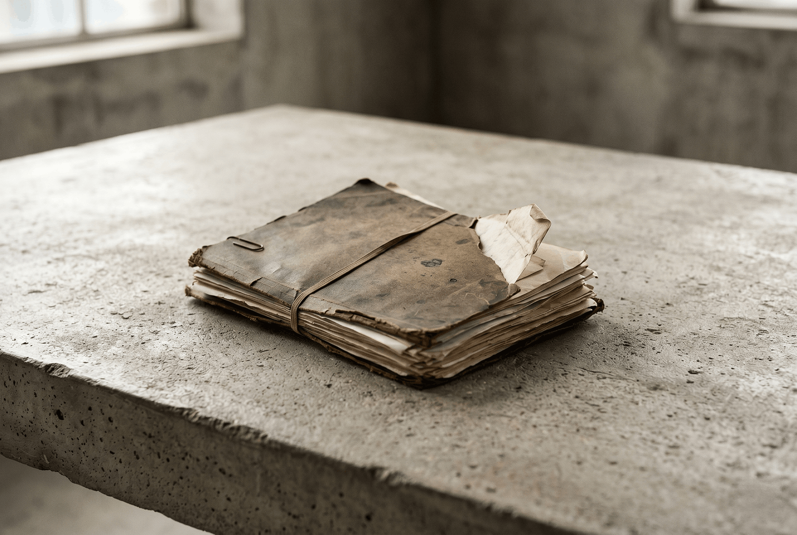 A worn folder of papers tied with string on a concrete table