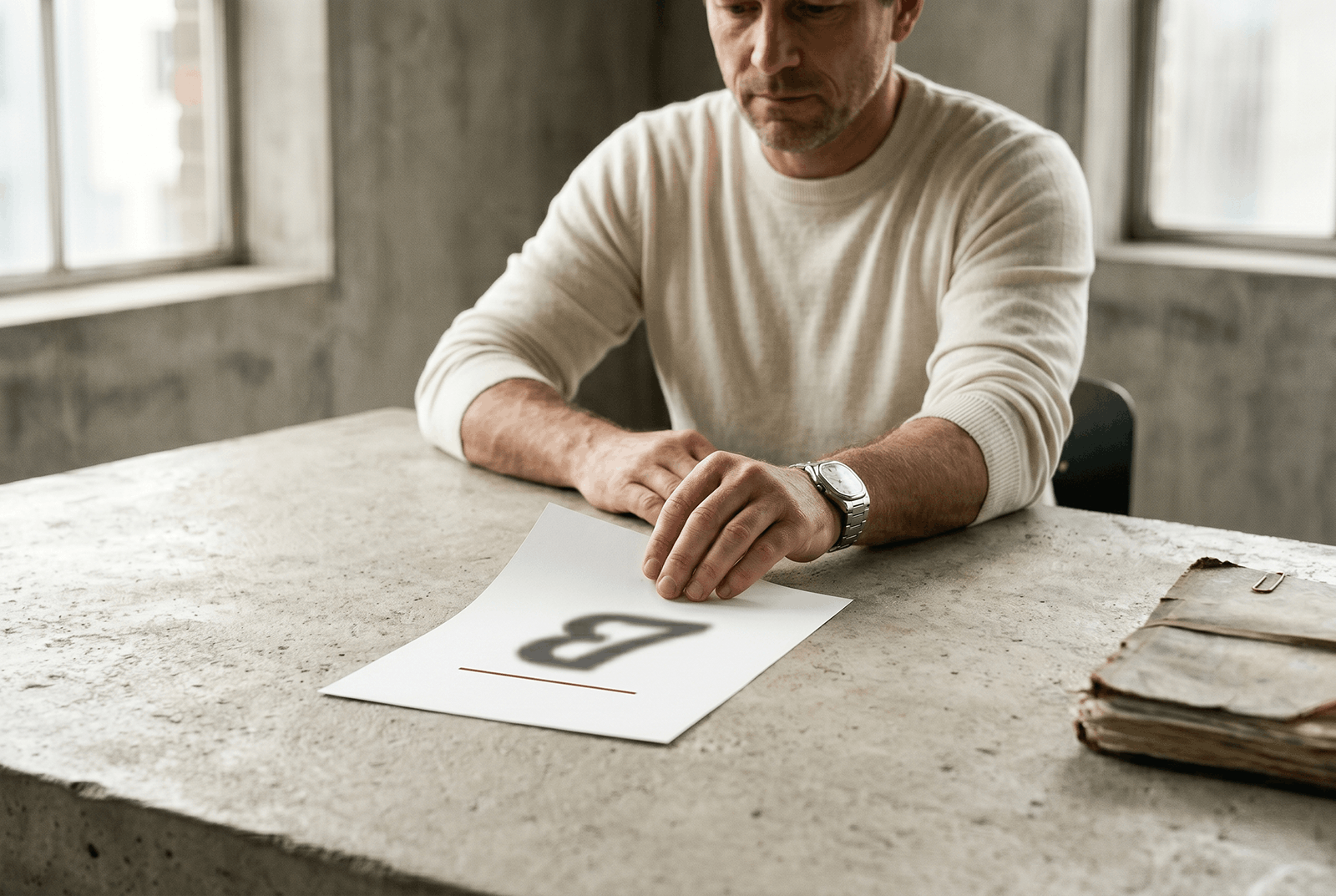 A person examining a governance document at a concrete desk