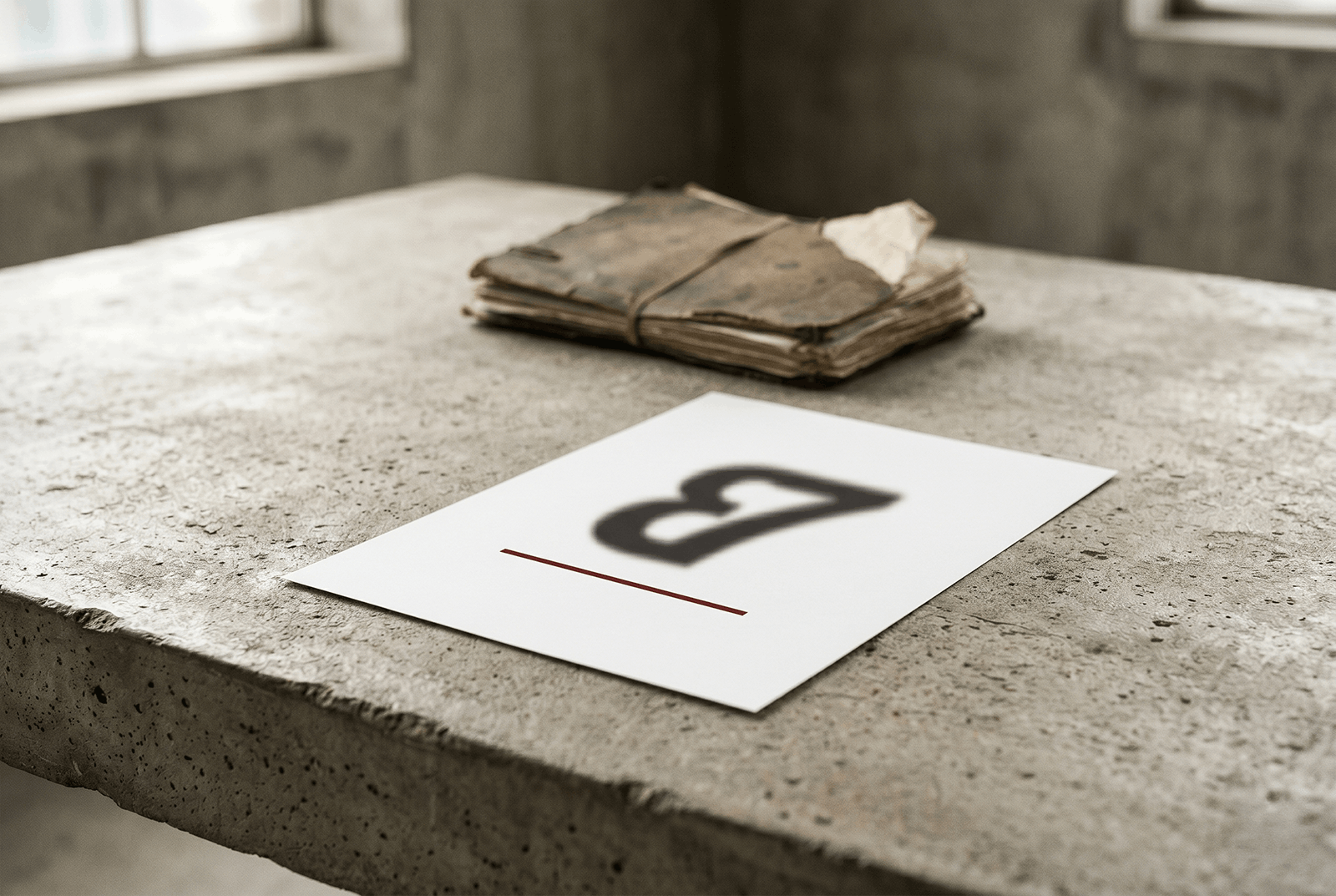 A governance document on a concrete desk beside an old leather-bound folder