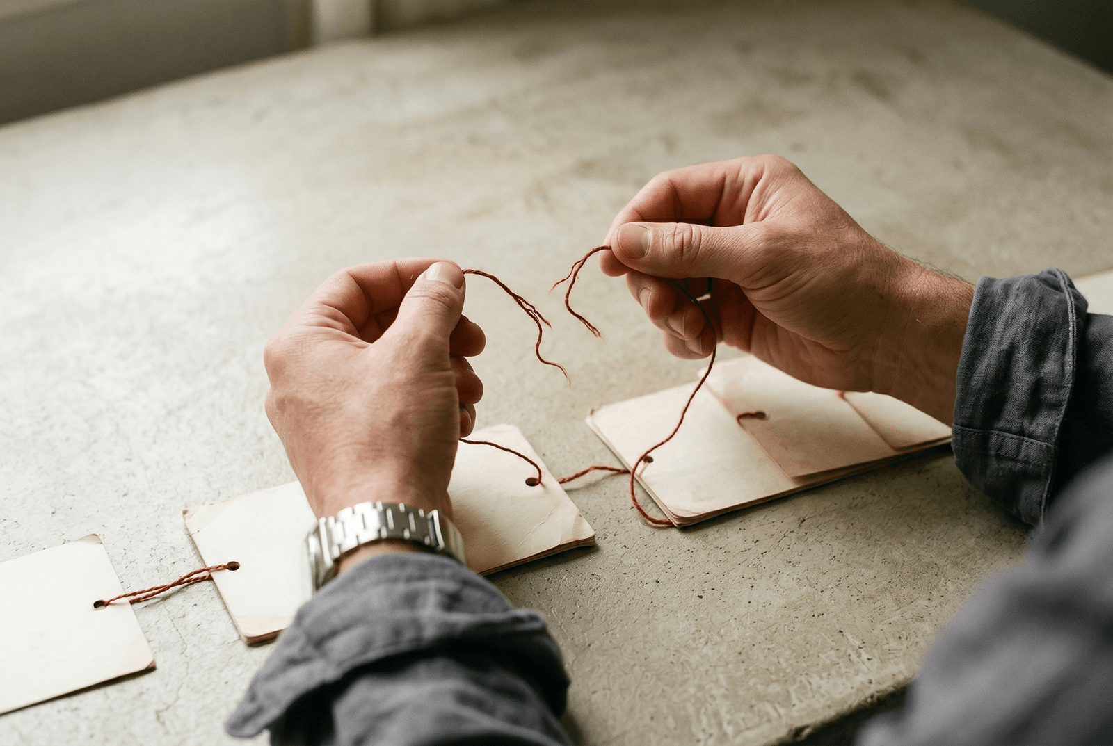 Hands threading governance cards together with red cord