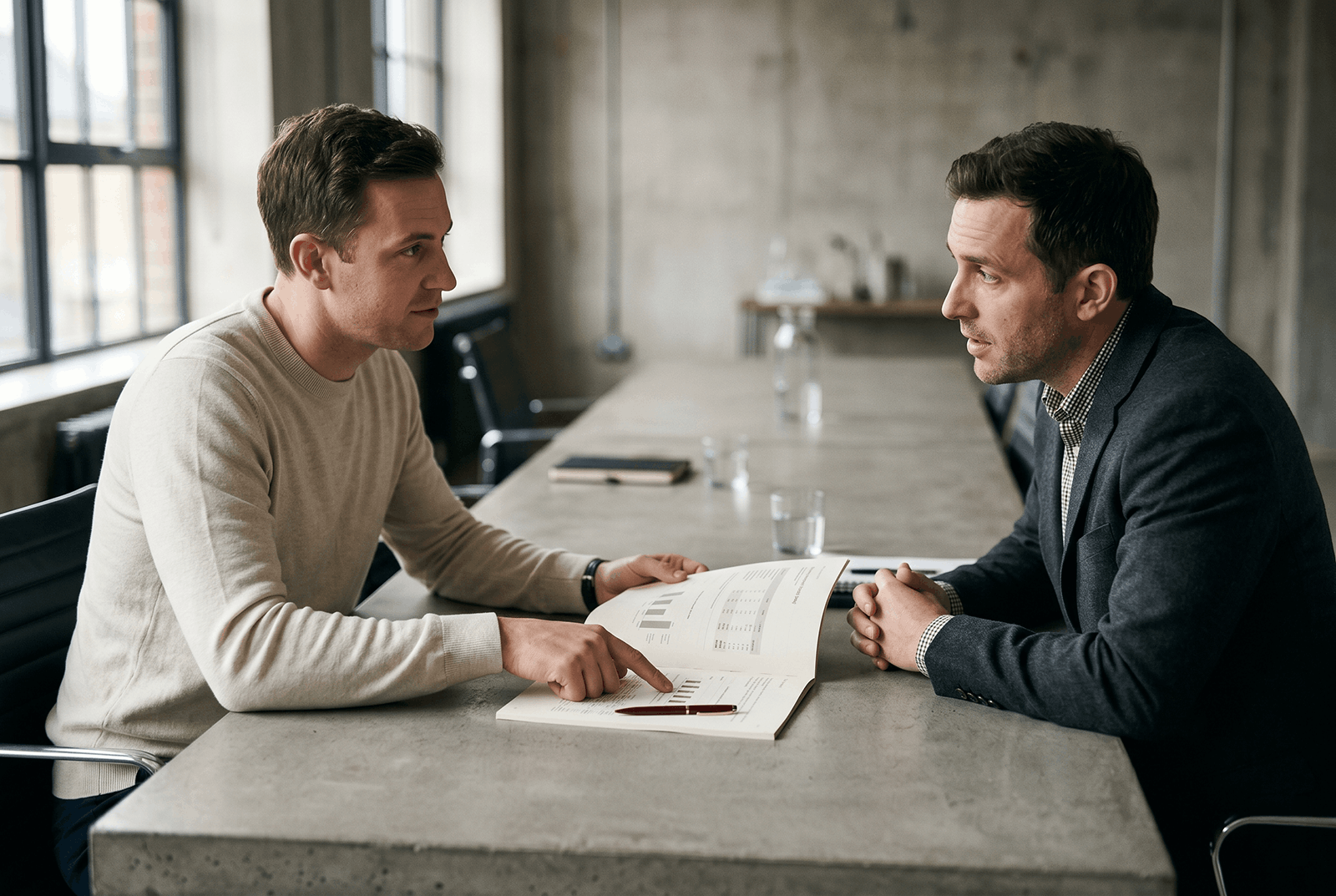 Two colleagues discussing the final assessment across a boardroom table