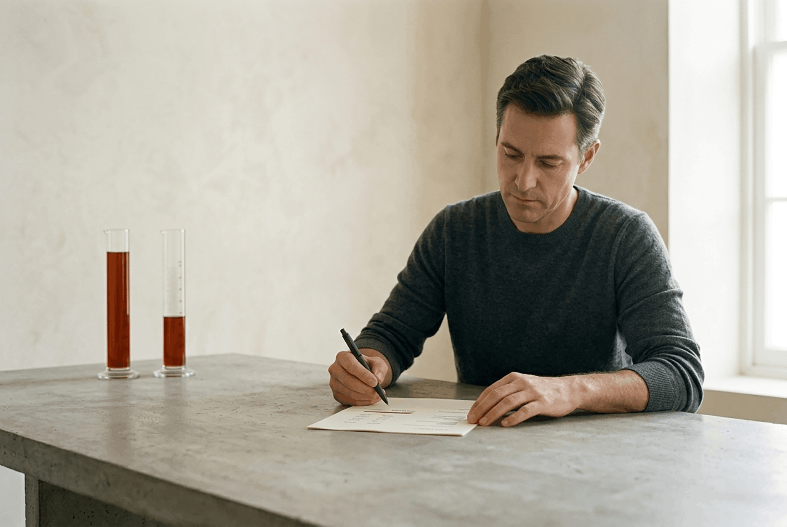 A person writing at a desk with two glasses of different levels beside them