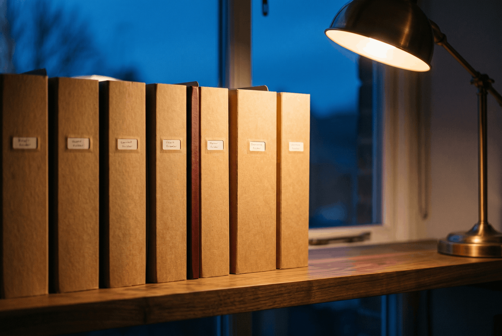 A row of labelled binders on a wooden shelf, illuminated by a warm desk lamp against an evening window