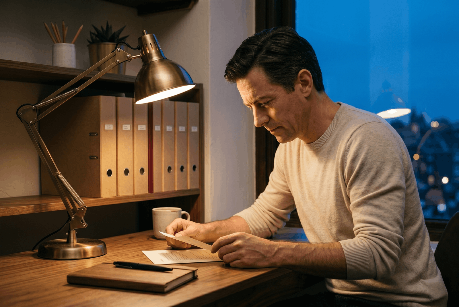 A person reading a document at a desk late in the evening