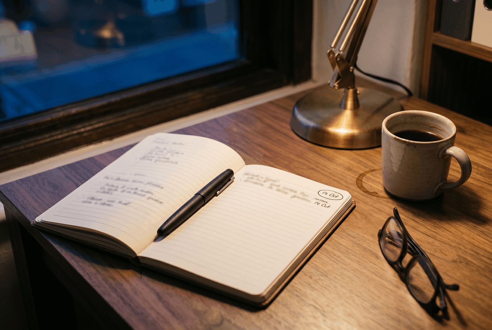 An open notebook with handwritten notes beside a pen, glasses, and a cup of coffee