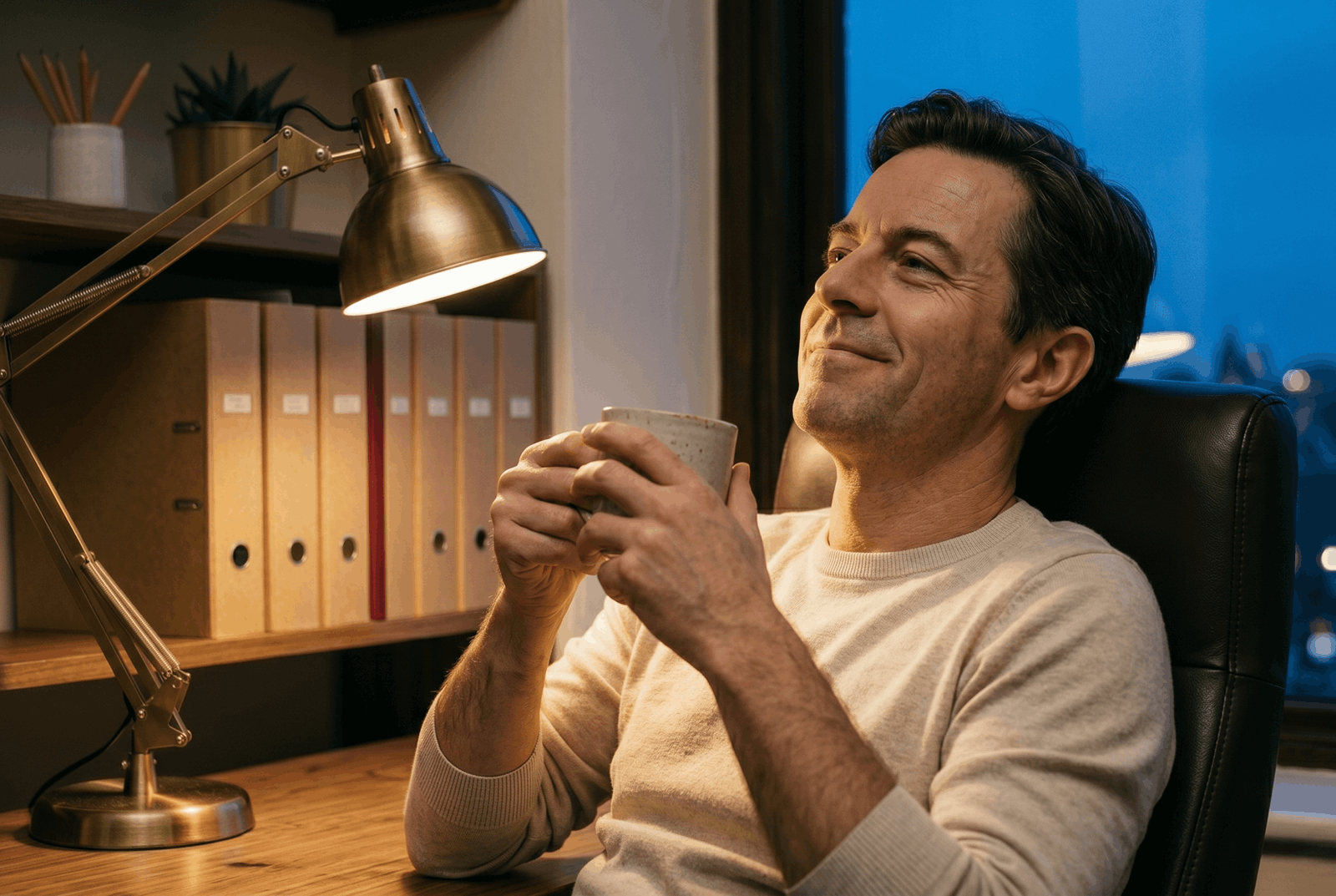 A person leaning back in their chair with a coffee, smiling quietly